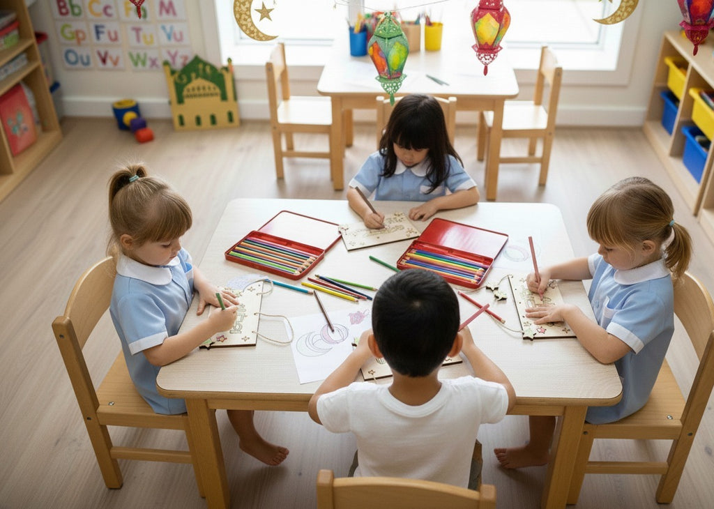 Plaque Ramadan Kareem en Bois à Colorier – Tanbou | Décoration Éducative Recyclée (Lot 28 pcs)